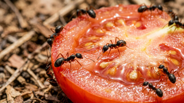 Black ants swarming a red tomato slice on the ground, macro photography of garden pests eating vegetable, colony of ants on organic food waste