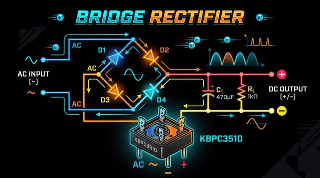 Technical diagram of bridge rectifier circuit explaining conversion from ac to dc current.