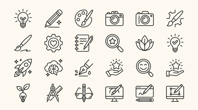 Creative Design and Innovation Line Icons Set - Idea, Drawing, Art, Photography, UX, Branding, Rocket, Digital Design Vector Collection