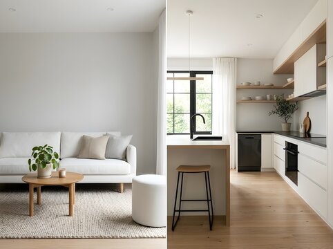 Split image of living room and kitchen with modern white and wood decor.