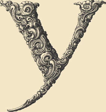 Ornate decorative letter X in stipple engraving style	