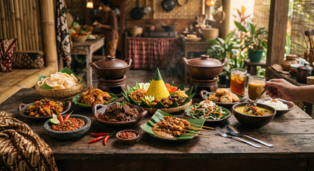 Fototapeta premium Makanan tradisional Indonesia, hidangan berwarna-warni, masakan otentik, meja kayu pedesaan