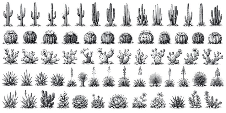 Large collection of cactus and succulent plants drawn in a detailed black and white vintage engraving style, featuring saguaro, prickly pear, agave, and echeveria varieties