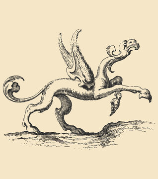 Vintage stipple engraving of a mythical winged lion griffin