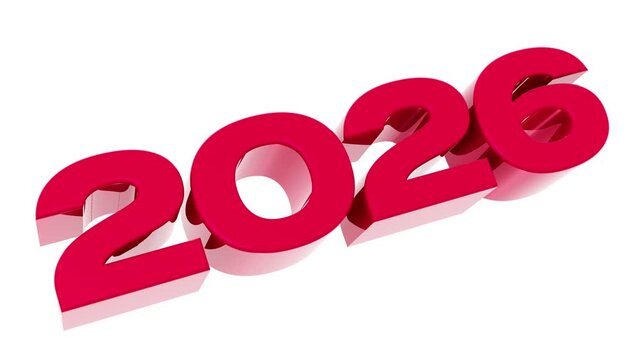 Abstract Red 3D Number 2026 Tilted Text Animation on White Background