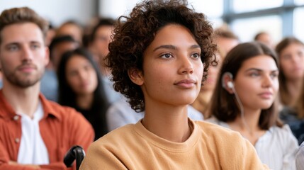 Obraz premium Young diverse students attentively listening during a lecture in a modern classroom with large windows and a focus on engagement and learning