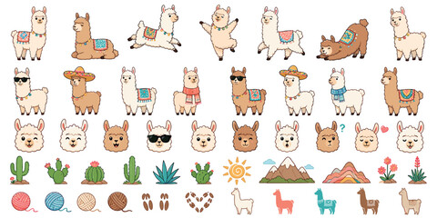 Fototapeta premium Large collection of cute cartoon llamas and alpacas in various poses with accessories like sombreros and sunglasses, plus related icons like cacti, mountains, and yarn
