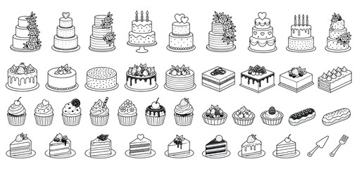 Fototapeta premium Large collection of hand-drawn dessert illustrations including cakes, cupcakes, pastries, and tarts in a clean black and white outline style for celebrations and menus