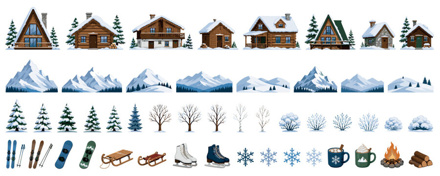 Large collection of winter-themed illustrations featuring snowy cabins, mountains, pine trees, sports equipment, and cozy holiday activity items