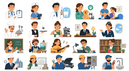 Fototapeta premium Diverse collection of cartoon character illustrations representing various professions and occupations like doctor, chef, teacher, and mechanic in a friendly, flat vector style