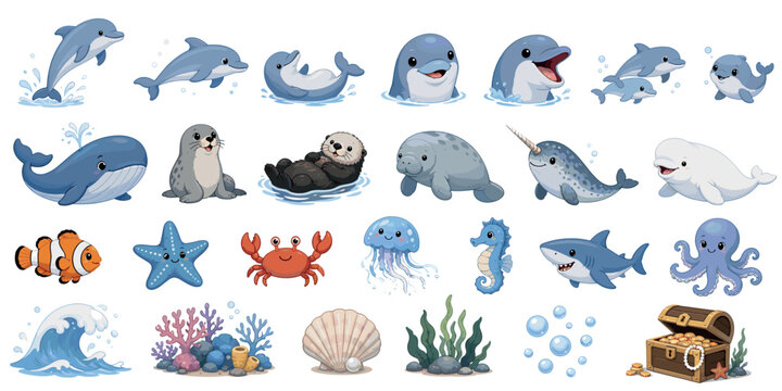 Large set of cute sea animal illustrations featuring a dolphin, whale, shark, octopus, seal, and otter, with charming ocean elements like a treasure chest and coral reef