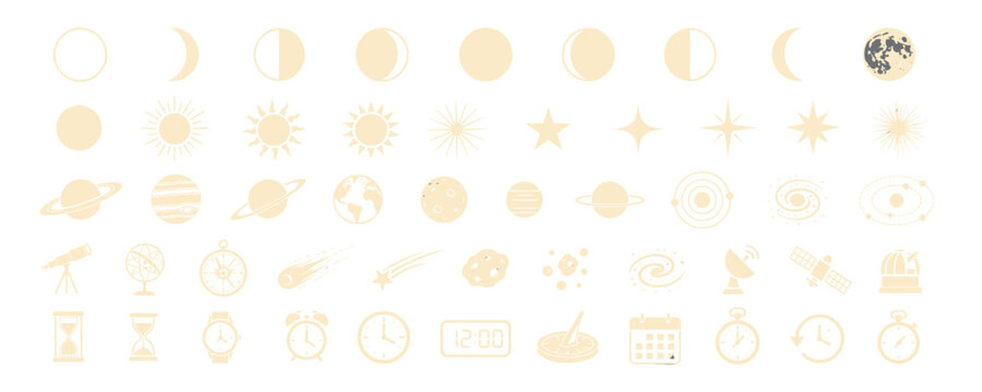 Large collection of beige icons depicting astronomy, space, and time elements like planets, moon phases, stars, and clocks in a minimalist flat design style