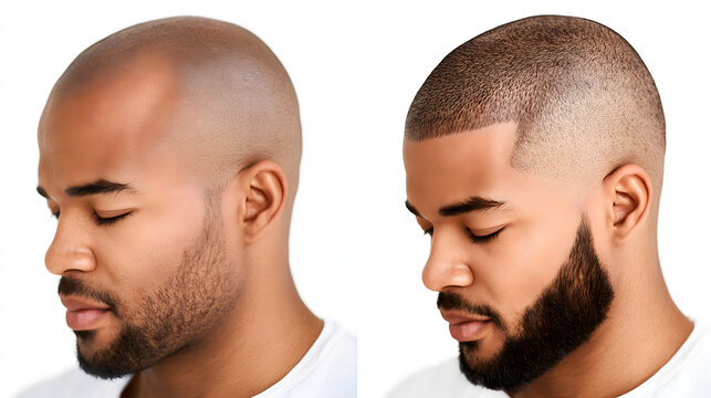 Before and after split composition of bald scalp versus scalp with realistic hair-follicle micropigmentation simulating buzz cut