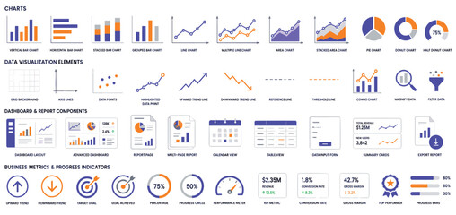 Fototapeta premium Large set of data visualization infographic elements showing various charts, graphs, icons, and business metrics for building reports and dashboards in a modern flat style