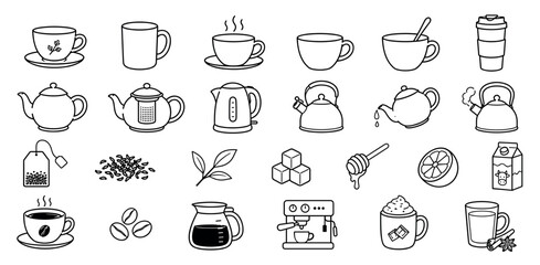 Fototapeta premium Set of black and white line art icons showing tea and coffee making equipment, drinks, and ingredients like lemon, honey, and milk in a simple doodle style illustration