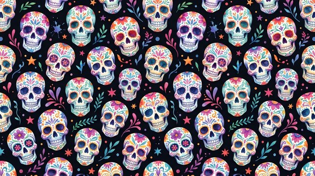 Seamless pattern with colorful sugar skulls and stars