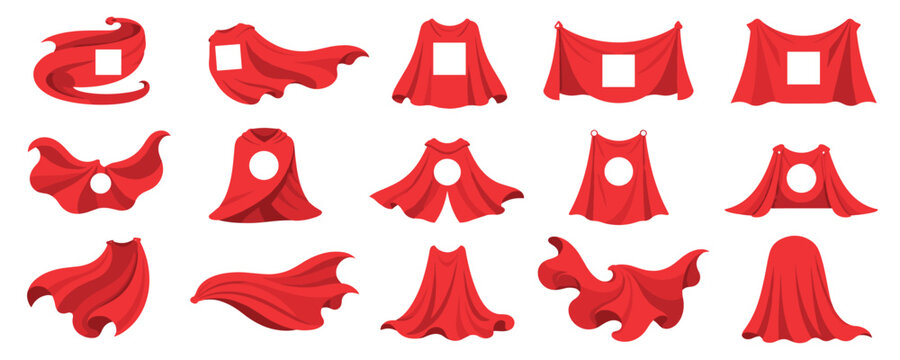 Collection of red superhero capes in various flowing and hanging positions, with some featuring blank emblems for customization, presented in a flat vector illustration style
