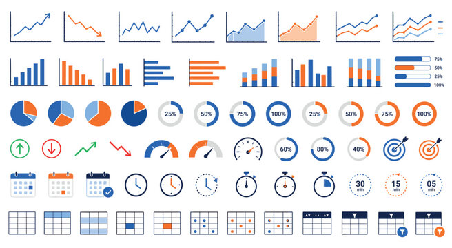 Large set of business infographic icons and data visualization elements including charts, graphs, diagrams, tables, calendars, and timers for reports and presentations