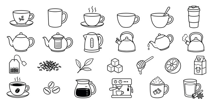 Set of black and white line art icons showing tea and coffee making equipment, drinks, and ingredients like lemon, honey, and milk in a simple doodle style illustration