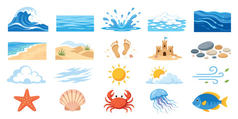 Fototapeta premium Colorful collection of summer and beach-themed vector illustrations including a big wave, sandcastle, sun, crab, jellyfish, and other seaside nature elements