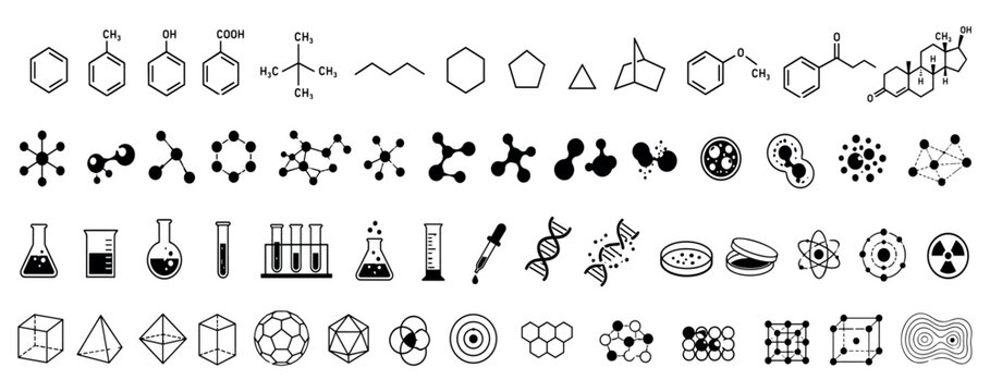 Large set of black science icons showing chemical formulas, molecules, atoms, DNA, laboratory equipment, and geometric shapes in a minimalist flat design style