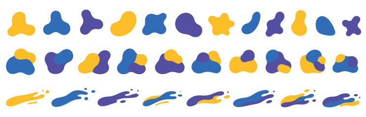 Fototapeta premium Collection of colorful abstract fluid shapes in yellow, blue, and purple, featuring organic blobs, dynamic splashes, and modern graphic elements for contemporary design