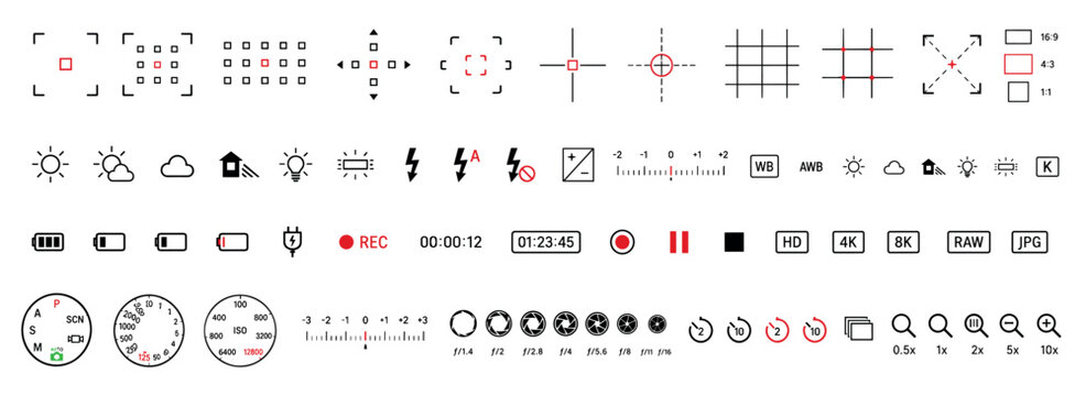 Large collection of camera interface icons for photography and videography, including focus points, exposure, white balance, aperture, and recording symbols in a flat design