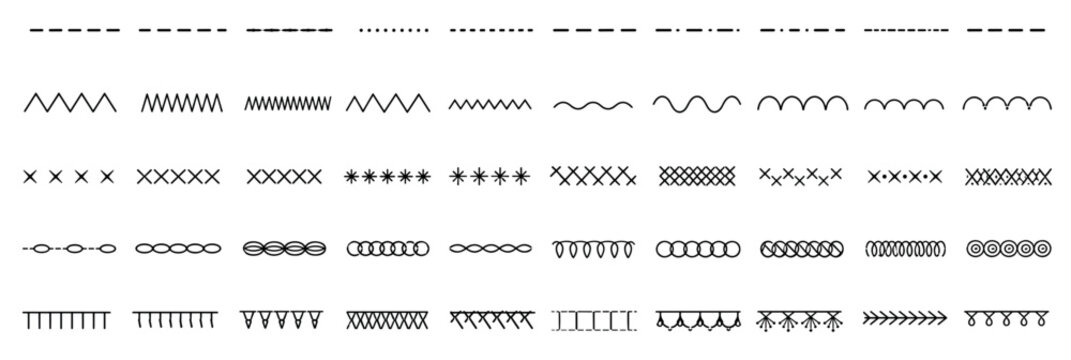 Large collection of black decorative line dividers and borders in a hand-drawn style, featuring various patterns like dashes, dots, zigzags, waves, and stitches for design