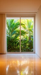 Fototapeta premium A serene interior space with sliding glass doors revealing lush green foliage outside