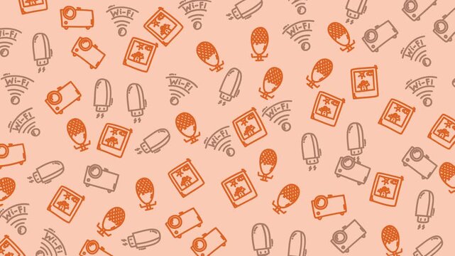 Seamless pattern of hand-drawn digital technology icons including projectors, microphones, Wi-Fi symbols, USB drives, and photo frames on a peach background. Ideal for tech, media.