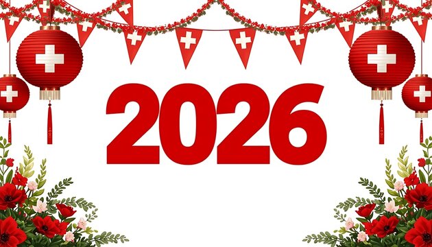 Festive 2026 swiss national day celebration with red lanterns pennant flags and flower decorations national lanterns pennants celebration decoration switzerland patriotic tradition