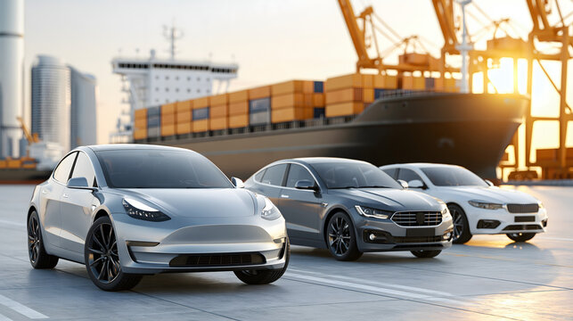 global electric vehicle export ecosystem with modern cargo ship, international customs terminal, container logistics, smart transportation infrastructure, maritime commerce, realistic harbor