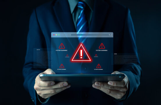 Warnings exclamation mark alerts in computer systems to be aware of the dangers and risks of cyberattacks on the Internet. Malicious software to secure online logins on websites