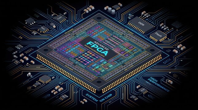 Advanced FPGA chip with reconfigurable logic and programmable interconnect.
