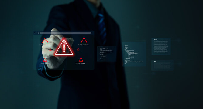 Warnings exclamation mark alerts in computer systems to be aware of the dangers and risks of cyberattacks on the Internet. Malicious software to secure online logins on websites