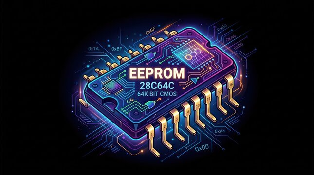An EEPROM 28C64C 64k bit cmos chip on a stylized circuit board design.