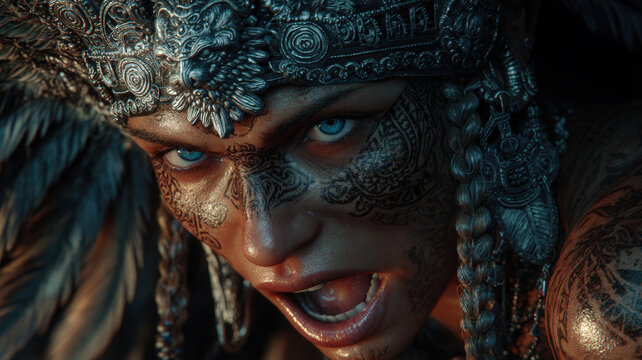 Maya Aztec civilization, Mexico culture. Mysterious, fantasy. A closeup portrait of a person with intricate, tribalinspired face paint. The persons striking blue eyes are the focal point.