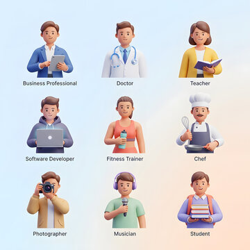 Collection of Stylized 3D Character Avatars Representing Diverse Professional Occupations and Career Roles