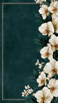 Floral design featuring white orchids and greenery on a dark teal background, suitable for a funeral card or memorial remembrance purposes