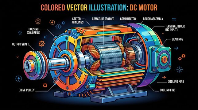 Detailed technical diagram of electric motor with labeled internal parts and colorful view.