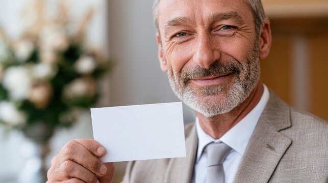 Mature man in a light gray suit holds a blank memorial card while smiling, with a blurred floral arrangement in the background, suitable for remembrance occasions
