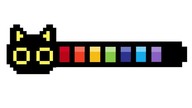 Vibrant pixel art cat meter with rainbow color segments, symbolizing progress or energy in a playful game interface element, perfect for retro gaming themes