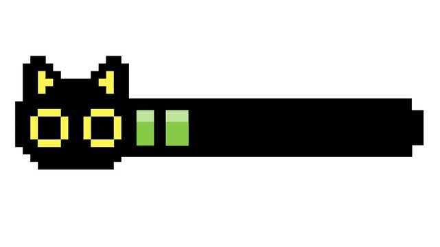 Retro 8-bit style black cat head icon paired with a dynamic green progress bar, ideal for digital game user interface elements and loading screens, indicating status or energy levels