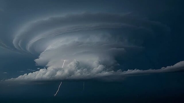 A massive supercell storm cloud illuminates the dark night sky with a powerful bolt of lightning