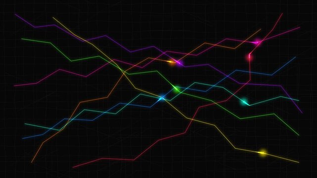Animated multicolored vehicle dots travel along glowing routes across a dark abstract road map. Ideal for fleet management, logistics, GPS tracking, mobility, and transportation technology.