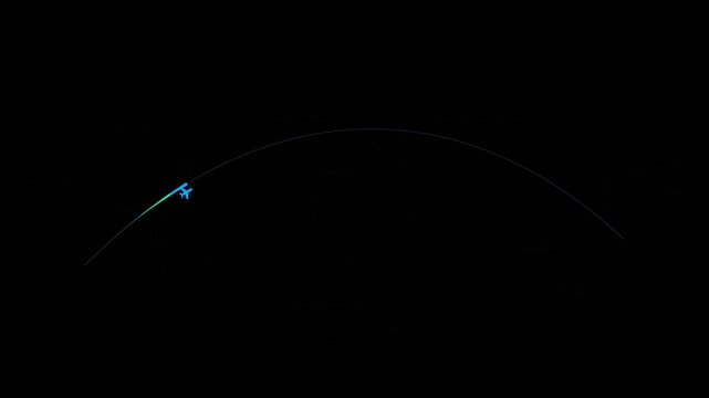 Glowing airplane icon flying along a great circle route with neon contrail over a minimal world map on black background. Seamless loop animation for aviation, travel, navigation, and logistics.