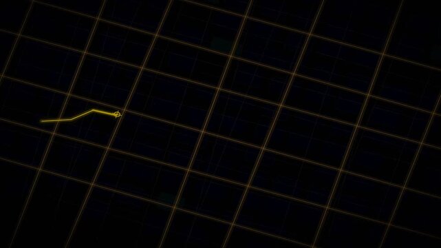 Cinematic drone-view night city with a glowing gold GPS route and moving position marker over a photorealistic urban grid. Seamless loop for navigation, smart city, travel, and mapping concepts.