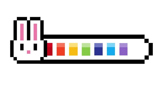 Charming pixel art rabbit character forms a vibrant rainbow progress bar, perfect for retro game UI elements and engaging digital loading screens