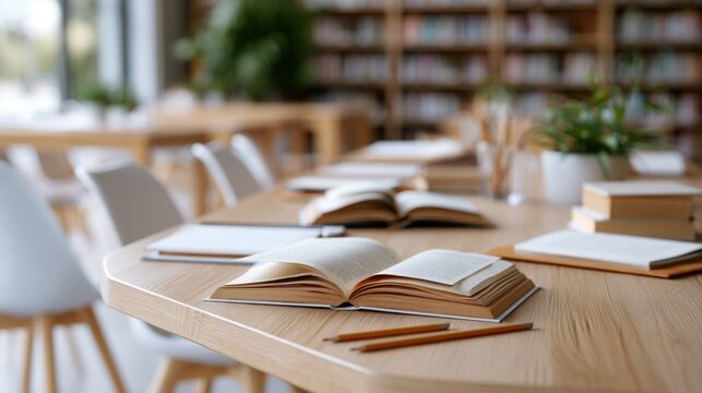 Open books on a wooden table in a bright reading room with shelves of books and plants, creating an inviting atmosphere for a book club or reading group