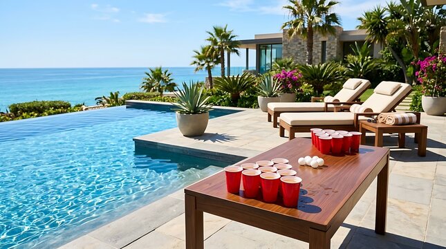 Beer pong table set up by a luxury infinity swimming pool with ocean view and lounge chairs. bierpong